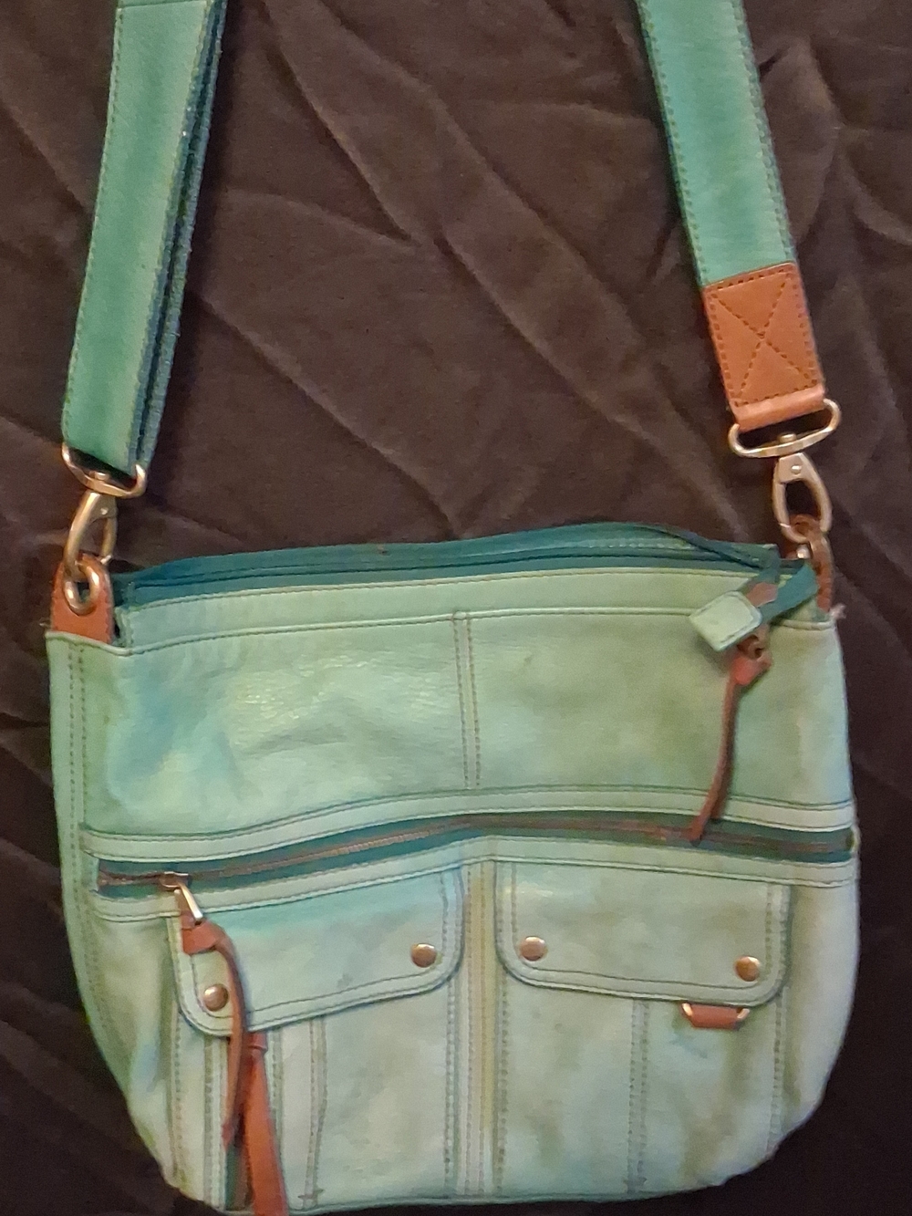 Fossil Teal and Brown Leather Crossbody Bag